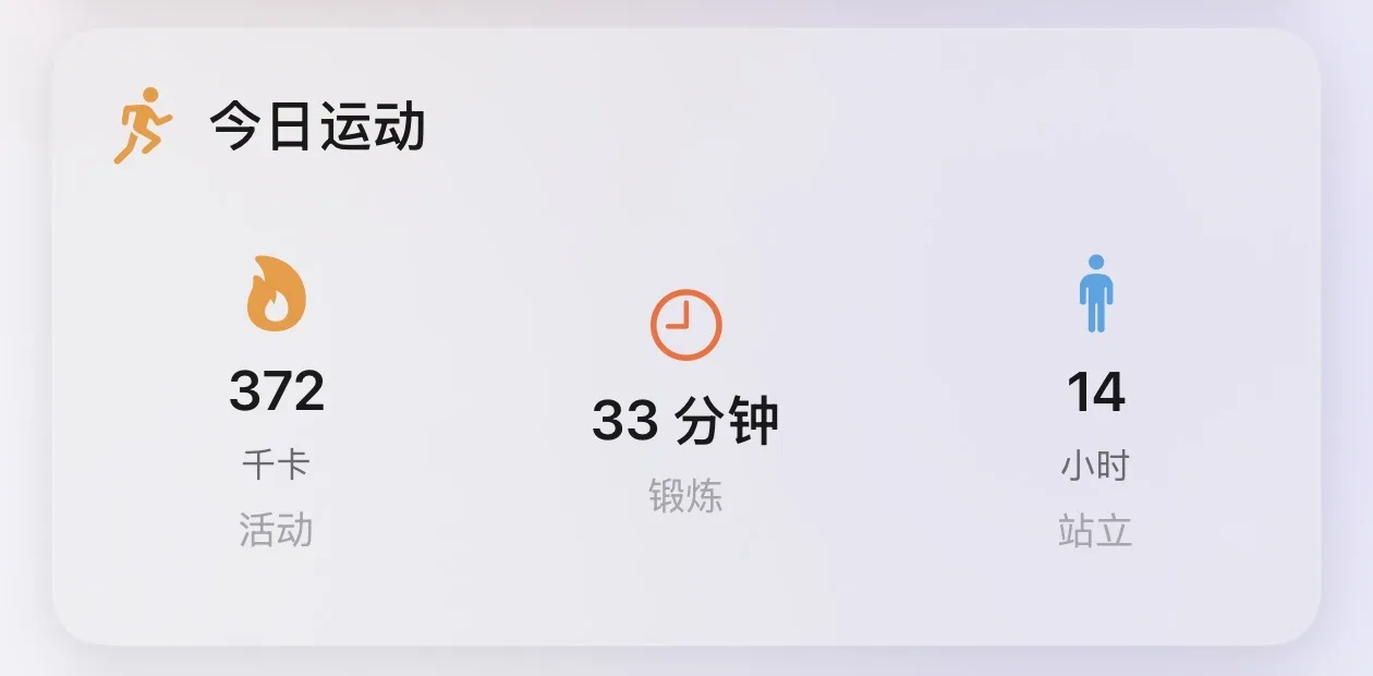 小炎健康助手今日运动卡片，展示活动千卡、锻炼分钟和站立小时